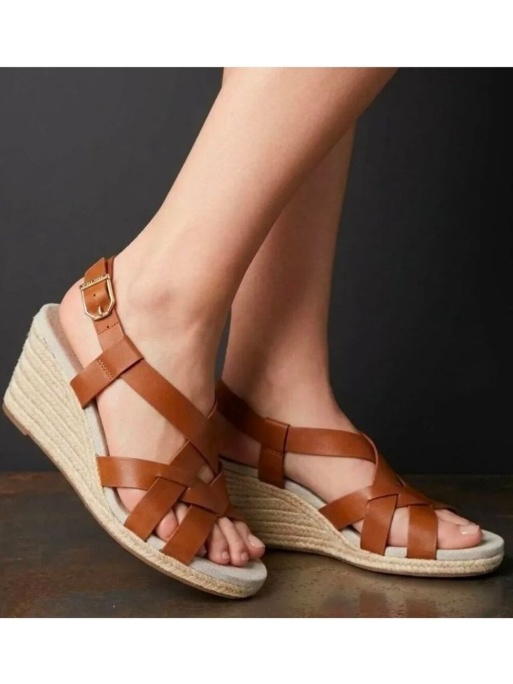 Cole Haan Crystal Slingback Honey Brown Espadrille Wedge Sandals, Leather, 10B